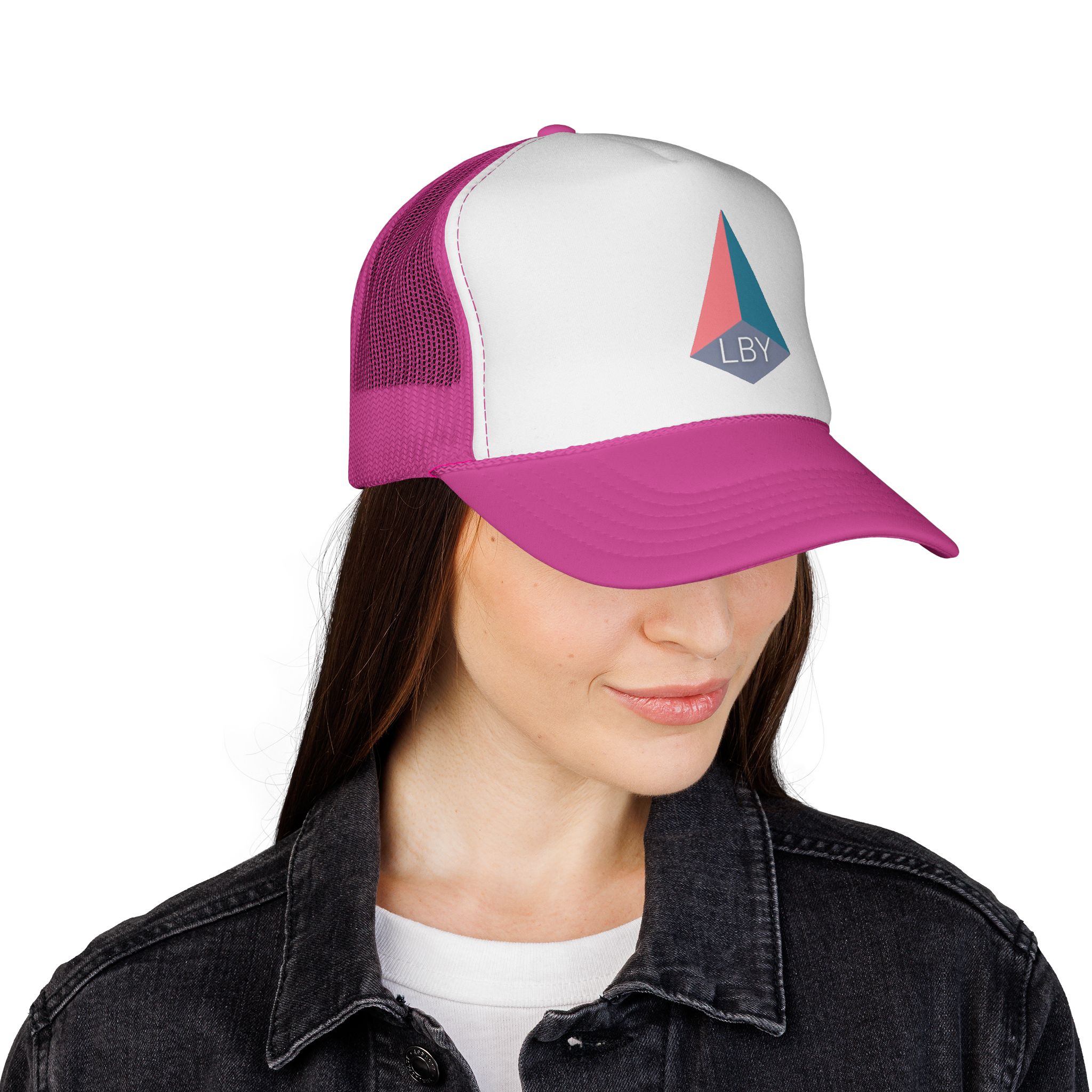 Pink Geometric Logo Trucker Cap — LBY Pyramid Mesh Baseball Hat - Image 4
